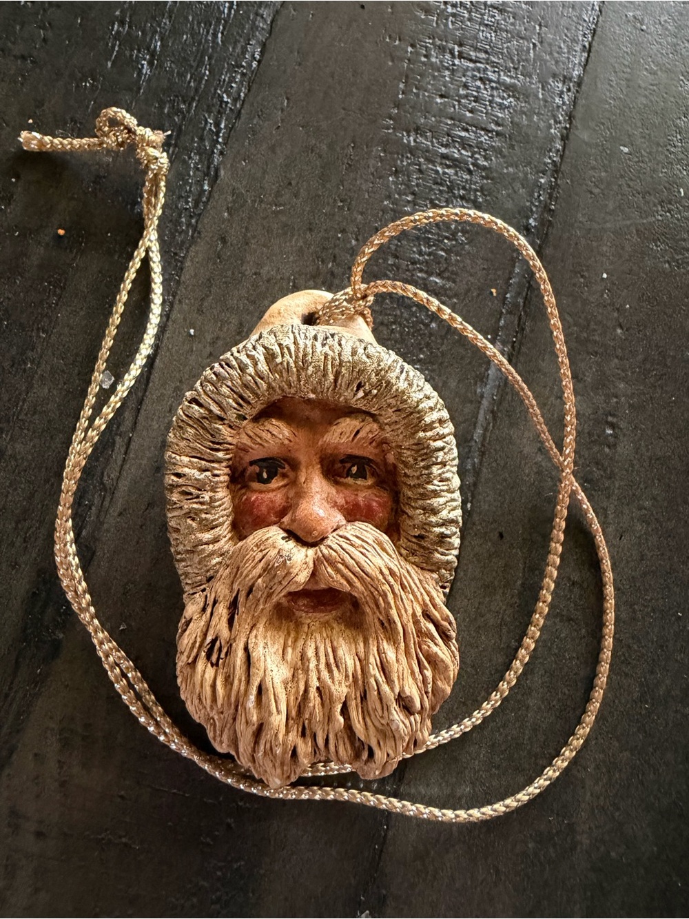Handpainted Chalk Santa Face Pendant Necklace - Beige/Brown